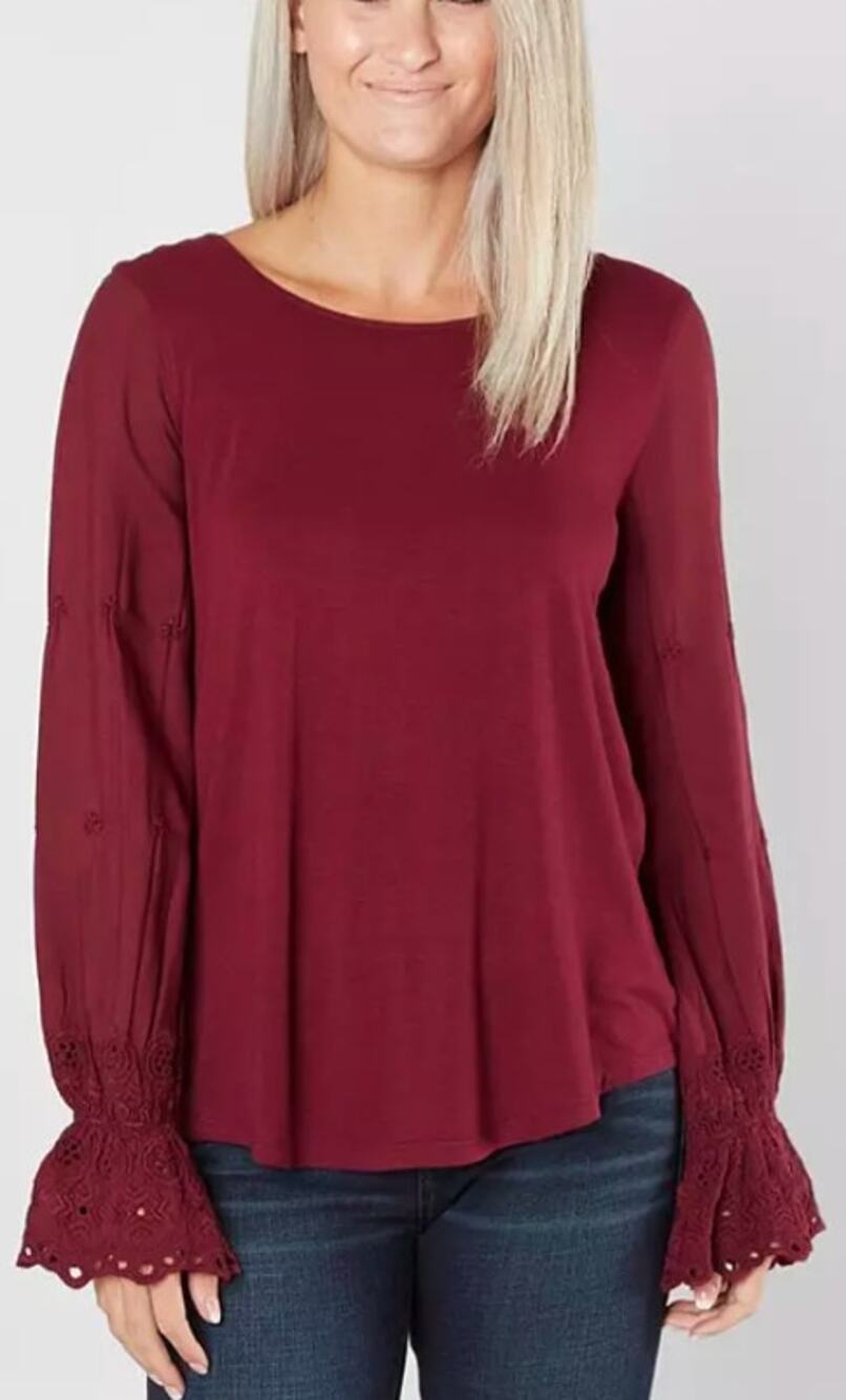 Willow & Root (Buckle) Embroidered Bell Sleeves Top Burgundy Maroon Red Size M